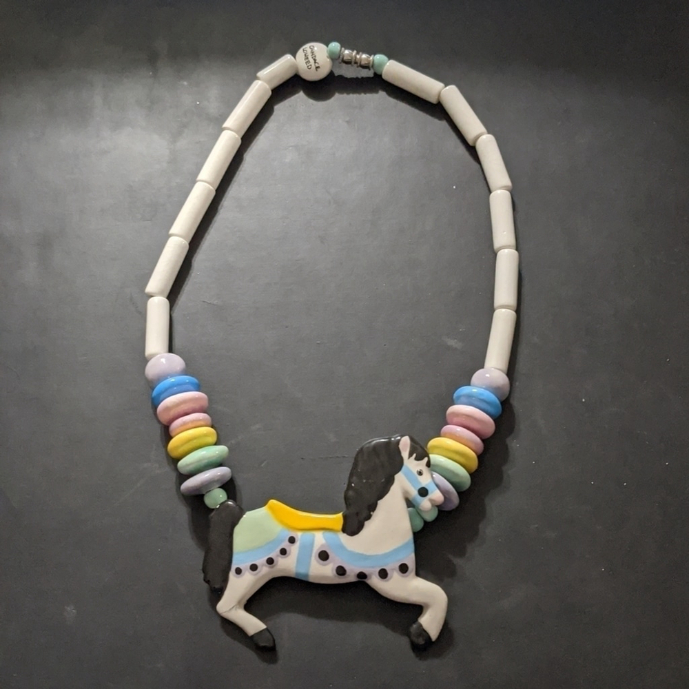 Rare Vintage Ruby Z Candace Loheed Ceramic Pastel Horse Statement Necklace